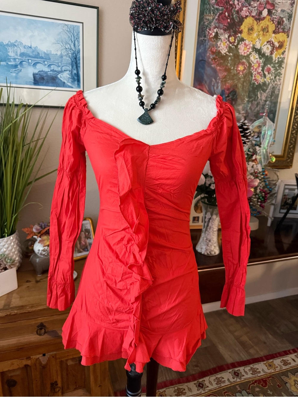Women's Red Ruffled Long-Sleeve Mini Dress